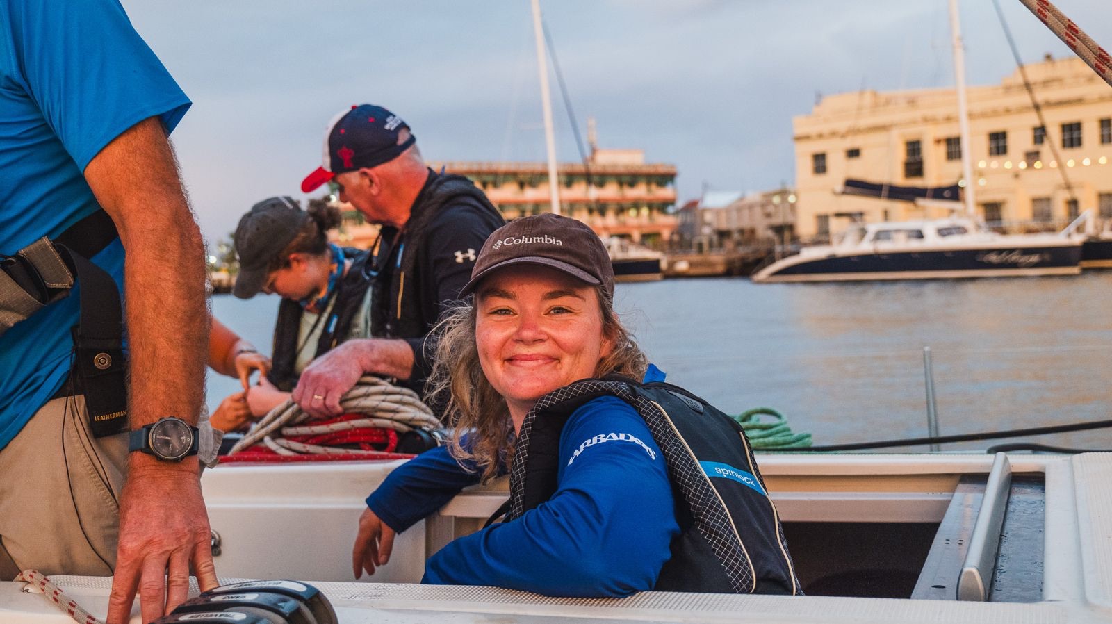 Girl stood in companionway on sailboat in Barbados